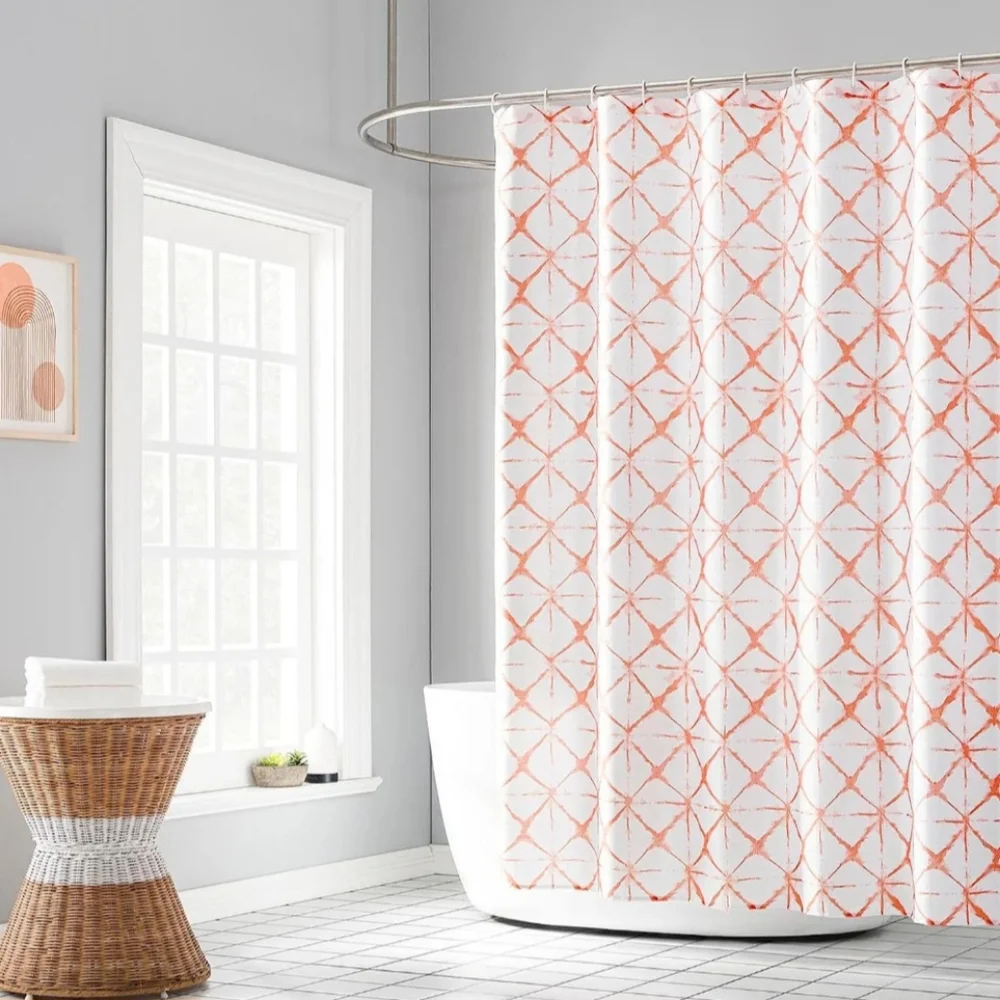 Coral Peach And White Shower Curtain Set With Hooks